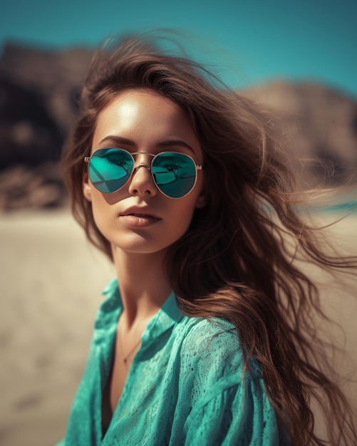 Jeune jolie femme portant des lunettes de soleil élégantes sur la plage Generative AI