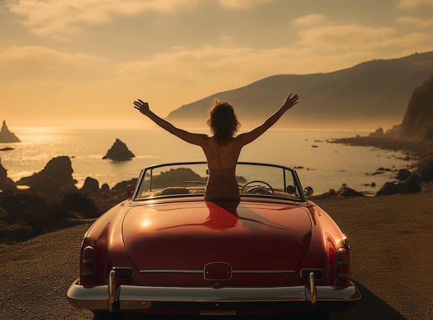 Une jeune et jolie femme profite d'une voiture décapotable blanche sur une île exotique au bord de la mer au coucher du soleil.