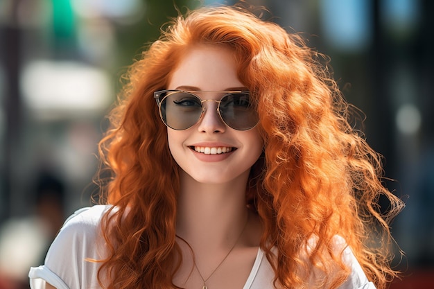 Jeune jolie femme rousse à l'extérieur avec des lunettes de soleil