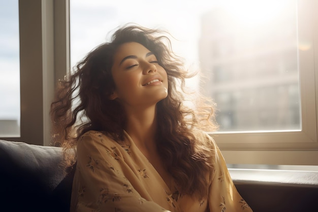 Jeune jolie femme souriante et détendue se relaxant assise sur une chaise à la maison Bonne belle dame positive