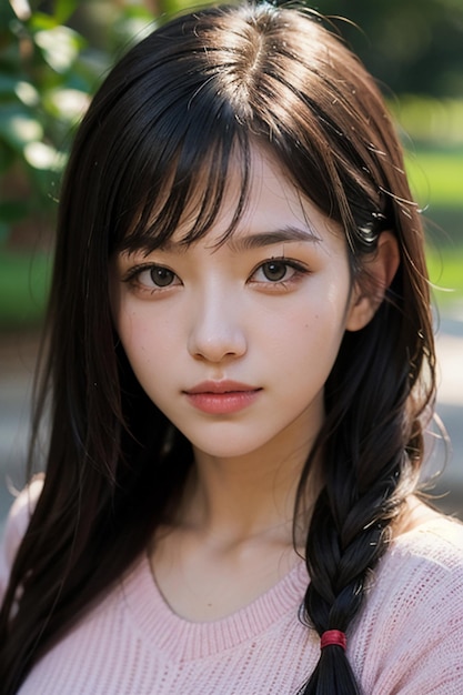 Jeune jolie fille asiatique orientale souriante et prenant des photos à l'extérieur avec des traits du visage exquis