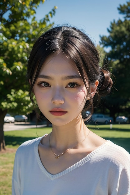 Jeune jolie fille asiatique orientale souriante et prenant des photos à l'extérieur avec des traits du visage exquis