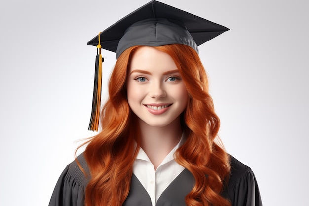 Jeune jolie fille aux cheveux roux sur un fond blanc isolé vêtue de vêtements de diplômé universitaire