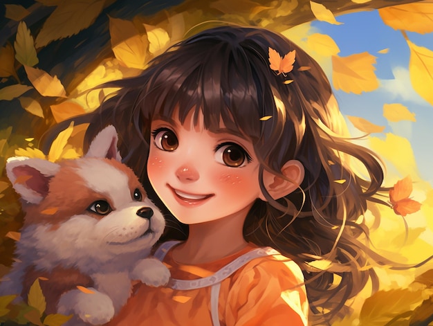 Jeune jolie fille avec une jolie petite illustration de chien dans le style d'anime