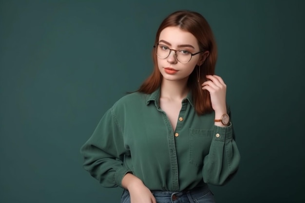 Jeune jolie fille séduisante dans des vêtements en denim dans des verres sur un simple fond vert foncé