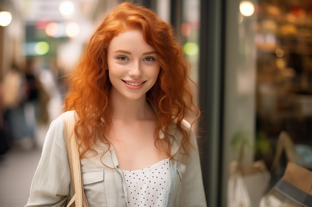 Une jeune et jolie rousse dans un magasin.