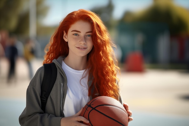 Une jeune et jolie rousse à l'extérieur jouant au basket-ball