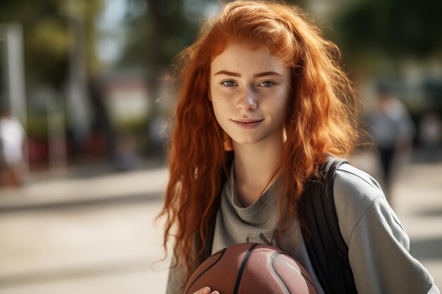 Une jeune et jolie rousse à l'extérieur à jouer au basket.