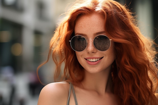 Une jeune et jolie rousse à l'extérieur avec des lunettes de soleil