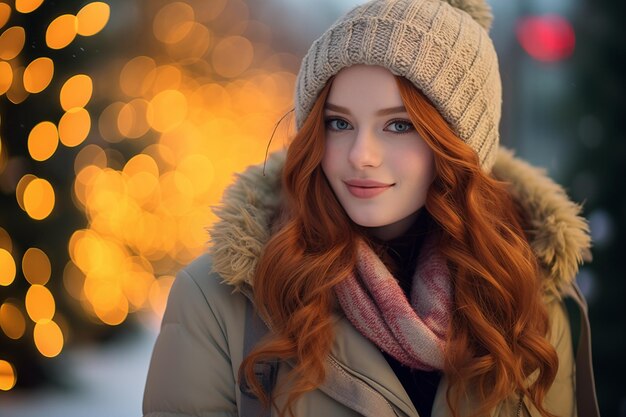Une jeune et jolie rousse à l'extérieur en vêtements d'hiver