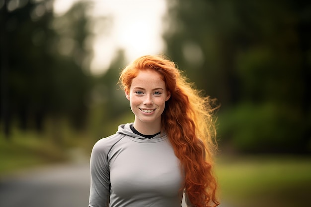 Une jeune et jolie rousse en mode sport à l'extérieur.