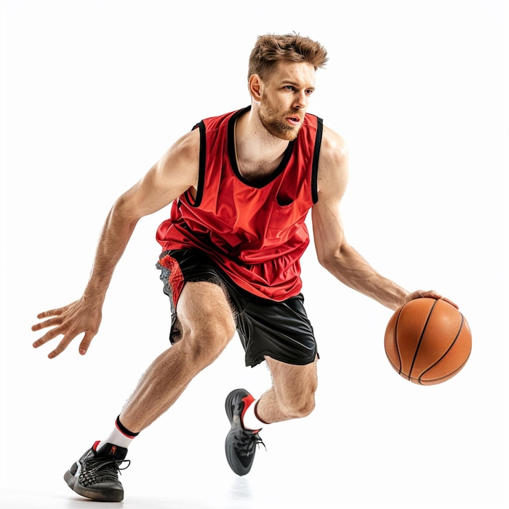 Photo jeune joueur de basket-ball caucasien de l'équipe en action en saut isolé sur fond blanc