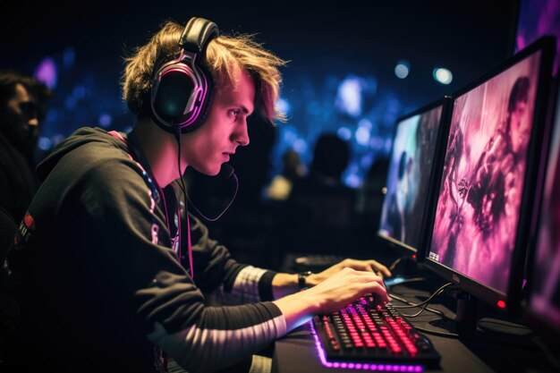 Photo un jeune joueur avec des écouteurs est assis devant un ordinateur et joue à des compétitions