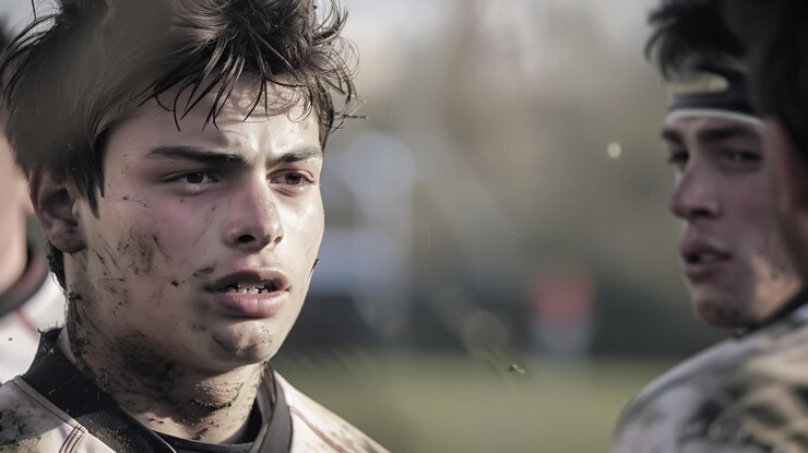 Photo jeune joueur de rugby face à ses adversaires