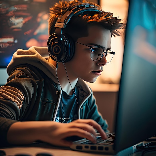 Photo jeune joueur se connectant en ligne et jouant à des jeux vidéo en ligneai généré