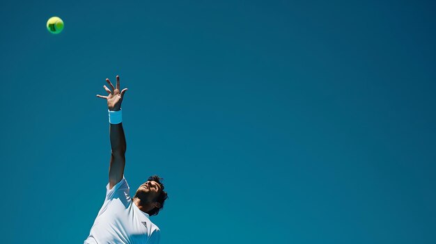 Photo un jeune joueur de tennis lance un service pendant un match avec un ciel bleu clair en arrière-plan