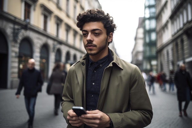 Un jeune journaliste attrayant qui utilise son téléphone en se promenant dans la ville.