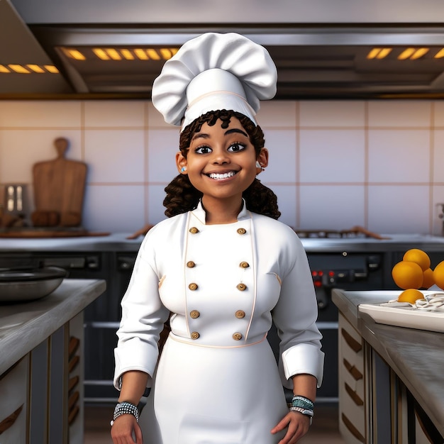 Une jeune et joyeuse cuisinière en uniforme blanc vierge sourit alors qu'elle se tient dans un 3Drendered