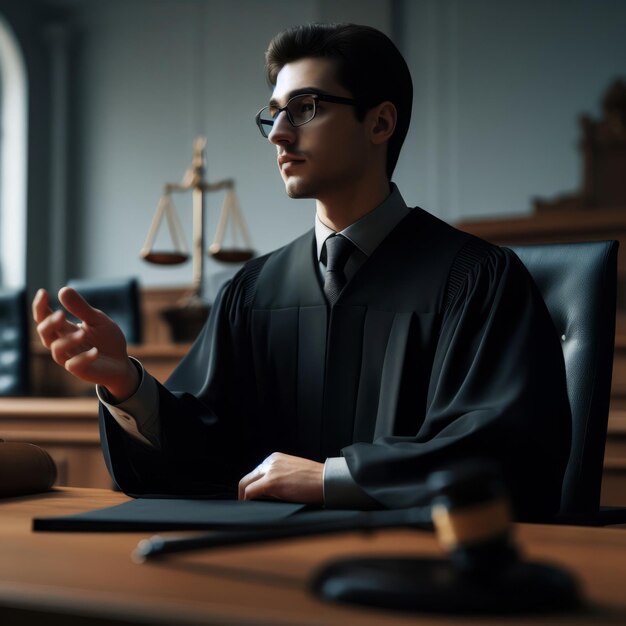 Photo un jeune juge dans une salle d'audience avec un marteau sur le bureau et une balance de justice en arrière-plan