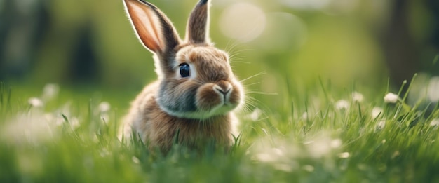 Un jeune lapin au gingembre mignon et moelleux s'assoit sur l'herbe verte et la mange un jour de printemps ensoleillé.