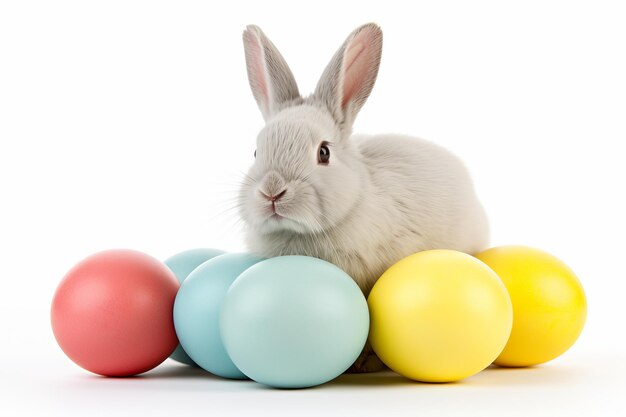 Photo un jeune lapin avec des œufs de pâques sur un fond blanc