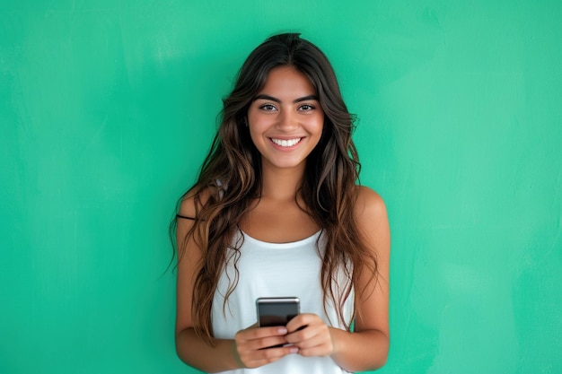 Une jeune Latine souriante tenant un smartphone sur un fond vert.