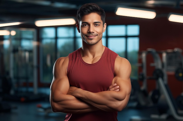 Jeune Latino met en vedette un jeune homme et un entraîneur personnel avec les bras croisés souriants dans un gymnase