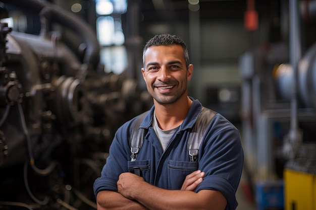 Jeune Latino souriant ou ouvrier d'usine indigène hawaïen avec les bras croisés