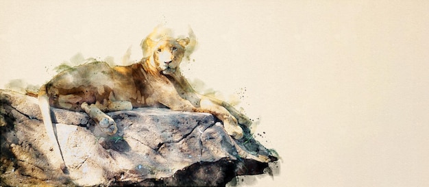 Le jeune lion assis sur le rocher Style aquarelle