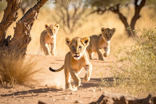 Jeune Lion s'amusant avec ses frères et sœurs dans une clairière ensoleillée de la savane IA générative