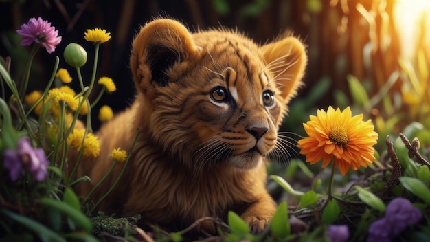 Jeune lion se reposant parmi des fleurs lumineuses au soleil AI générative