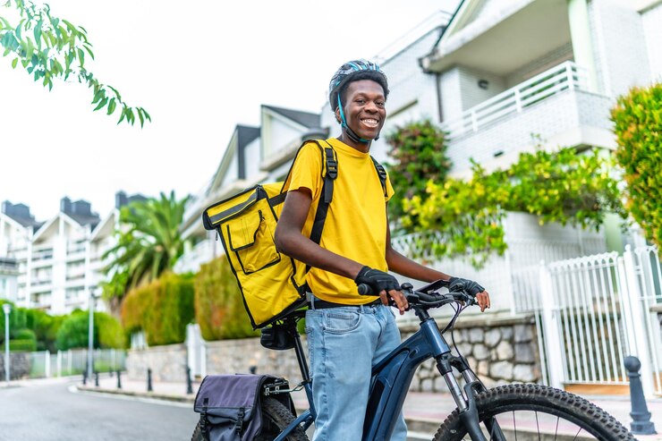 Un jeune livreur africain avec un sac à dos travaillant en ville.