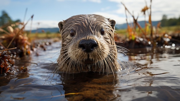 Une jeune loutre nageant dans une nature sauvage rendue par un moteur irréel