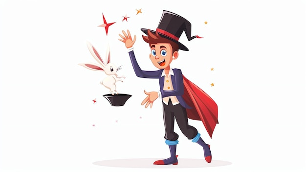 Un jeune magicien exécute un tour de magie il porte un costume noir et une cape rouge