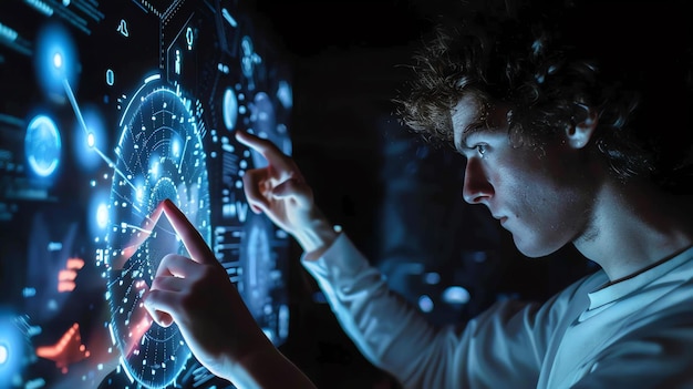 Un jeune mâle dans un environnement futuriste interagit avec une interface futuriste transparente avec des éléments bleus brillants