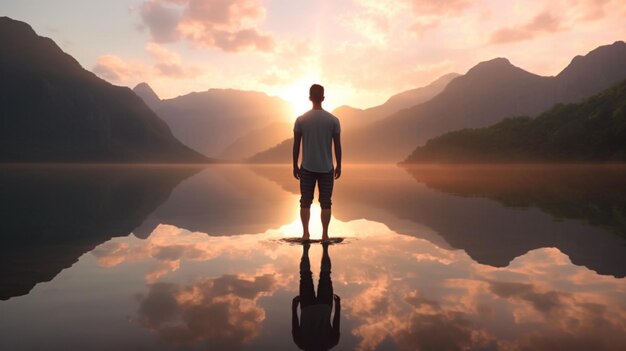 Un jeune mâle debout devant un chaud lever de soleil d'été