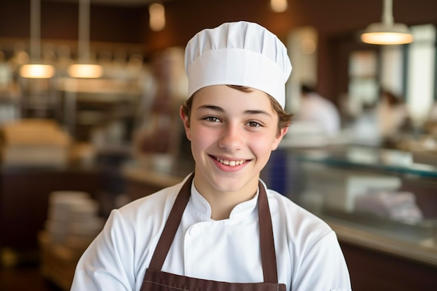 Photo jeune mâle stagiaire boulanger ou chocolatier chef pâtissier novice chocolatier boulanger ou cuisinier