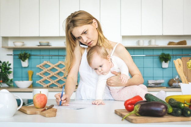 Jeune maman avec sa petite fille dans une cuisine moderne. Jeune femme jolie cuisinière désespérée de stress, fatiguée.