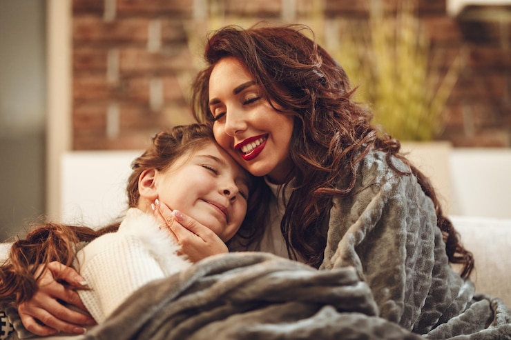 Photo la jeune maman et sa petite fille s'assoient sur le canapé et profitent. mère étreint sa fille et sourit, et sa fille ferma les yeux et se câlina.