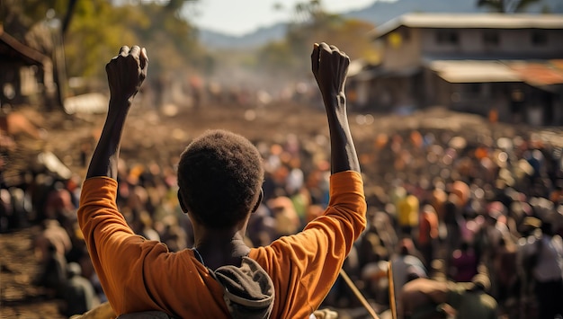 Un jeune manifestant lève les poings dans la foule