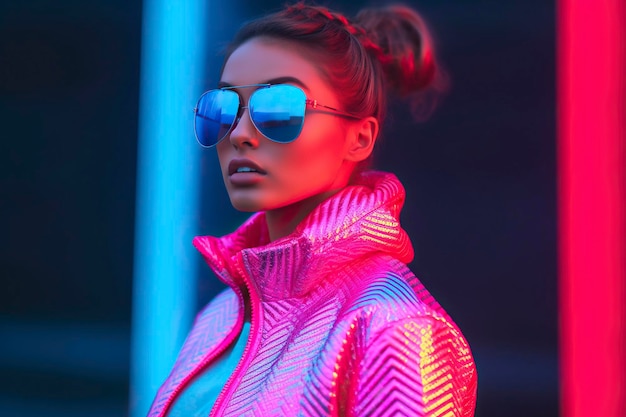 Le jeune mannequin expérimente la mode futuriste avec des néons colorés générés par Ai