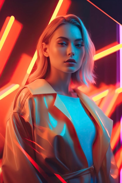 Jeune mannequin pose parmi les néons et les vêtements en plastique futuristes générés par Ai