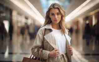Photo jeune mannequin en trench-coat avec un sac à courses