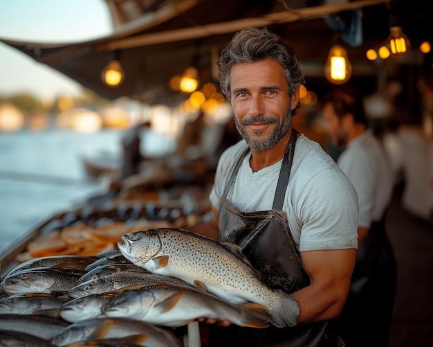 Jeune marchand de poisson avec marché de poisson frais Concept de fruits de mer sains pour le design et le style de vie