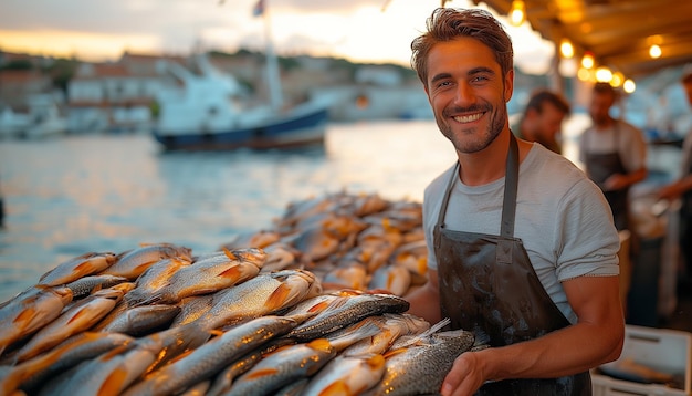 Jeune marchand de poisson avec marché de poisson frais Concept de fruits de mer sains pour le design et le style de vie