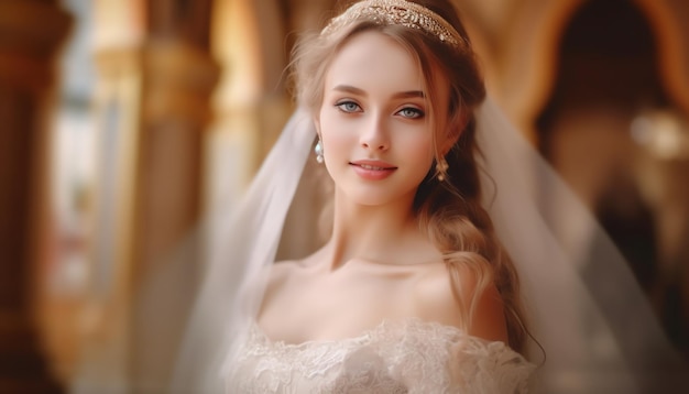 Une jeune mariée dans une robe de mariée avec une couronne d'or sur sa tête