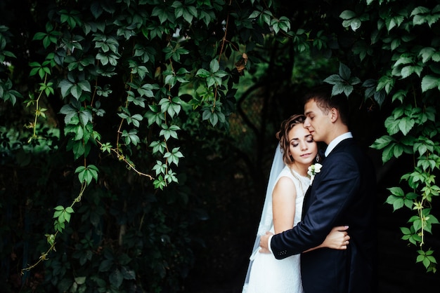 Jeune mariée embrassant son fiancé dans un magnifique parc