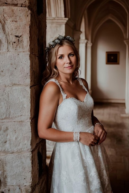 Jeune mariée se tenant dans une porte dans un château