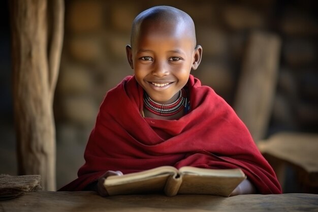 Un jeune Masai souriant avec un livre en tenue traditionnelle