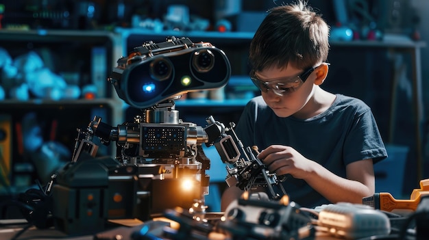 Un jeune mécanicien répare le robot dans l'atelier la nuit.